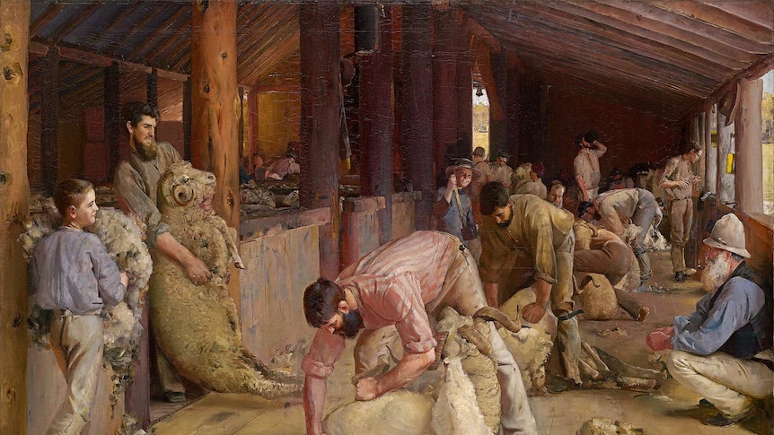 Painting of shearers working in a shearing shed.