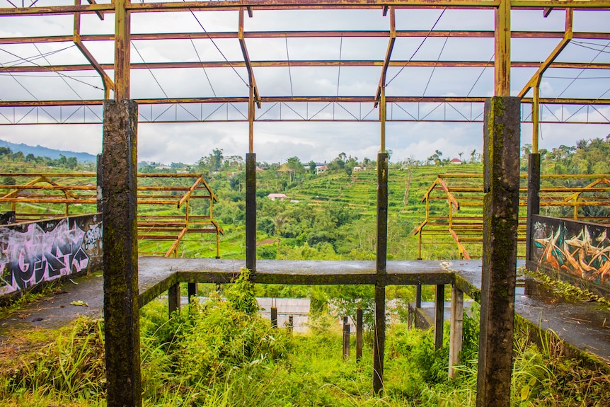 An empty building with jungle in background