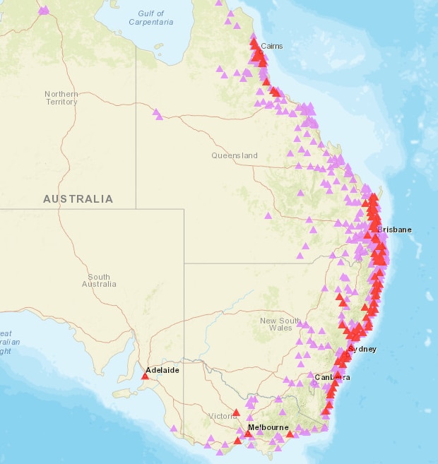 Map of middle and eastern half of Australia with lots of red and pink dots on the east coast, tapering to a few in Victoria