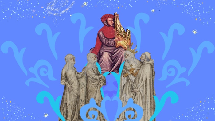 A Renaissance illustration of a musician, compiled with a renaissance illustration of singers on a blue background.