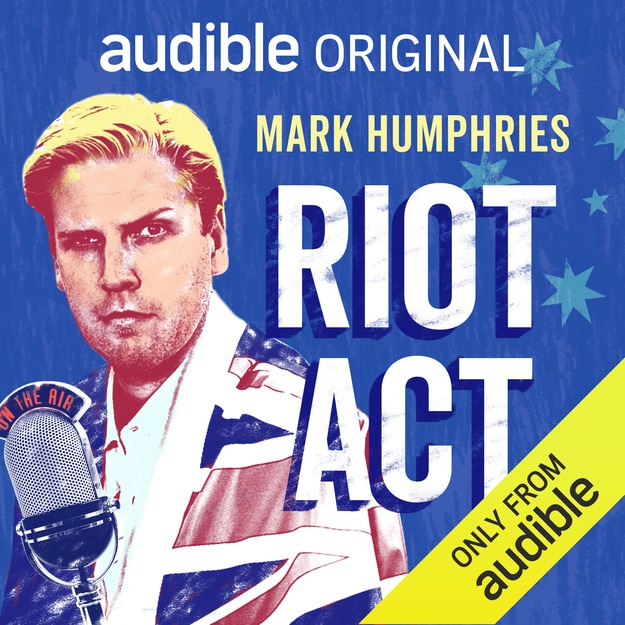 Podcast tile for Mark Humphrie's Riot Act featuring Mark in front of a microphone draped in the Australian flag