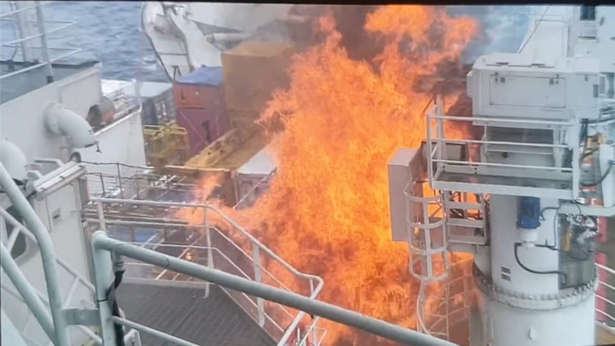 Image of fire on the deck of Antarctic supply ship Everest.