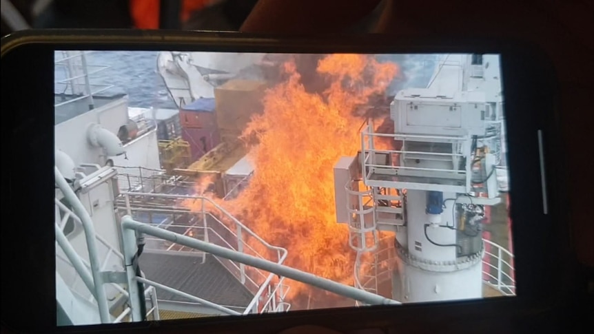 Image of fire on the deck of Antarctic supply ship Everest.