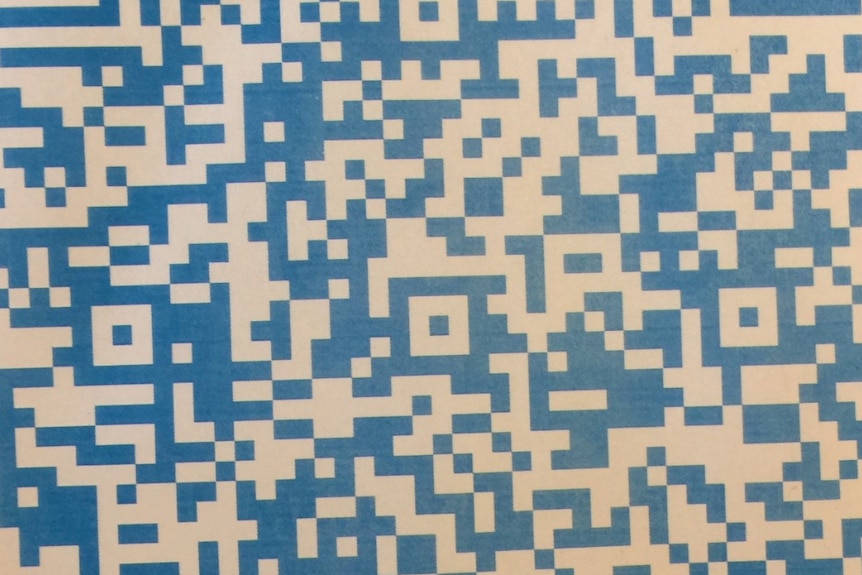 A close up of a blue QR code