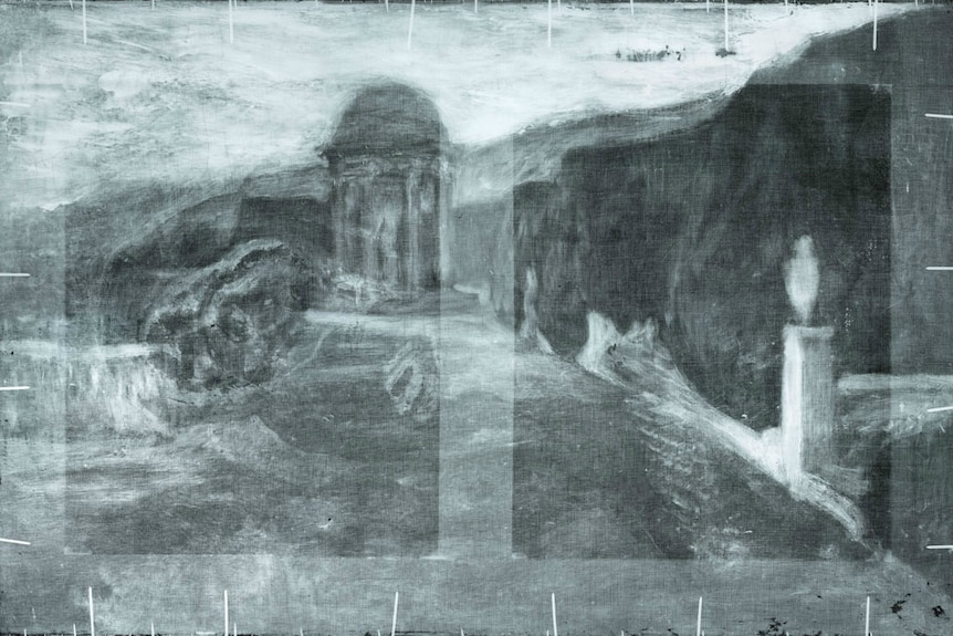 A black and white X-ray image of a landscape that appears to have ancient European ruins on it
