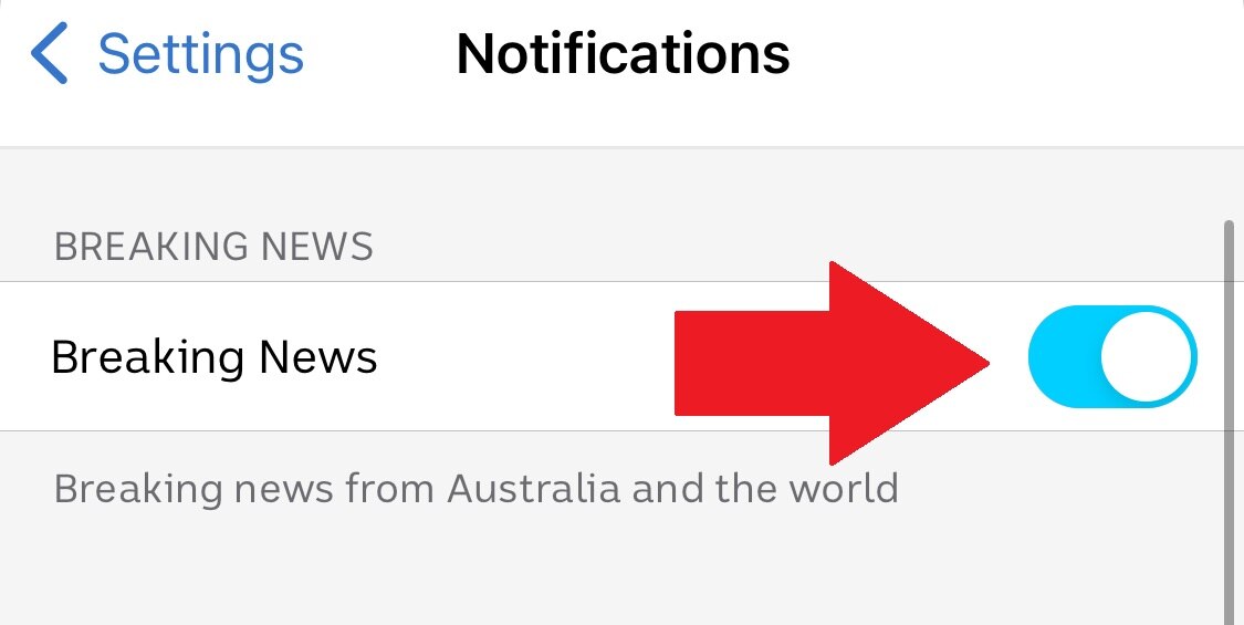 A screenshot of a red arrow pointing to the Beaking news button on the ABC News App. 