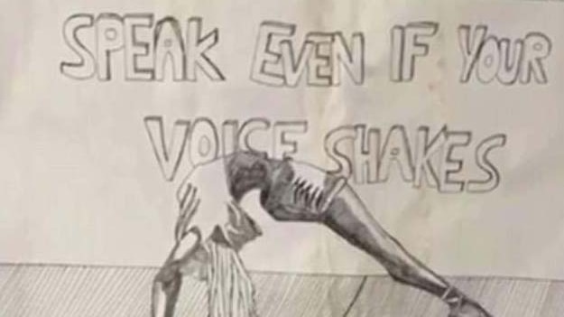 A pencil drawing of a girl with the words 'speak even if your voice shakes'.