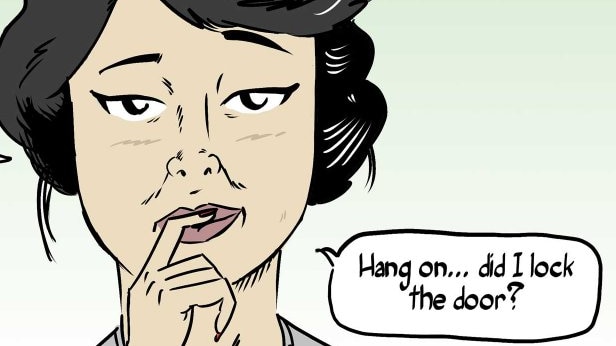 An illustration of a woman's face, with a speech bubble: "Hang on... did I lock the door?"