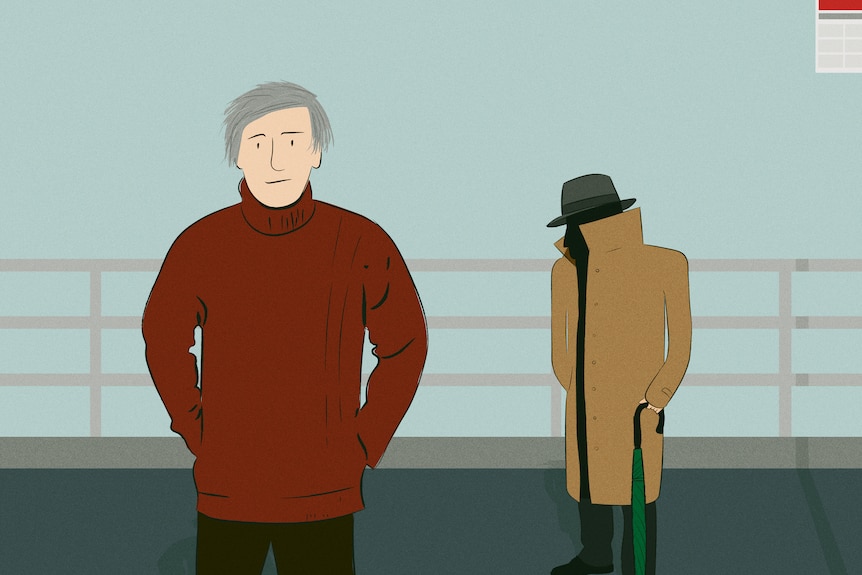 An illustration of a man in a maroon sweater being watched by a stranger wearing a long coat on a bridge