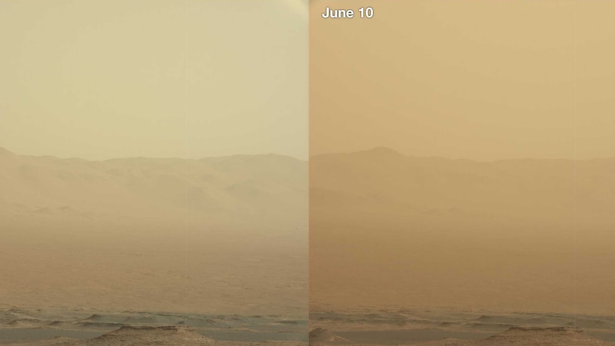 Views from the NASA Curiosity rover show dust increasing over three days in a storm.