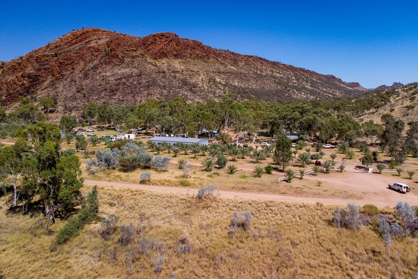 A drone shot of Ross River Resort, on the foothills of the East MacDonnell Ranges