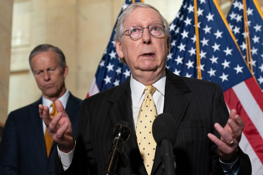 Senate Minority Leader Mitch McConnell holds his hands up as he speaks in front of US flags.