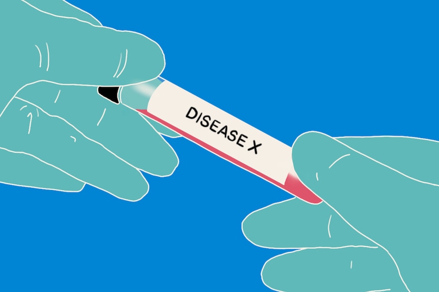 An illustration depicting someone holding a vial labelled "disease X".