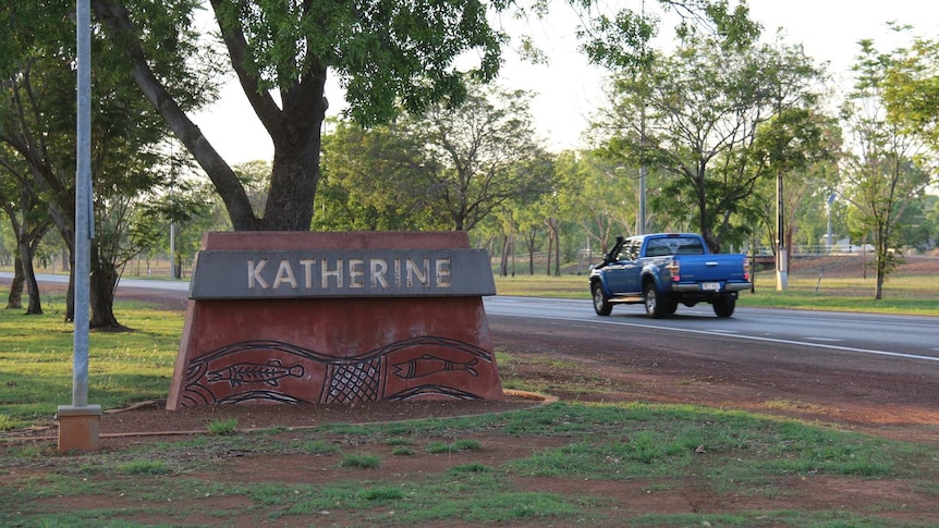 A road sign welcoming people to the Northern Territory town of Katherine.