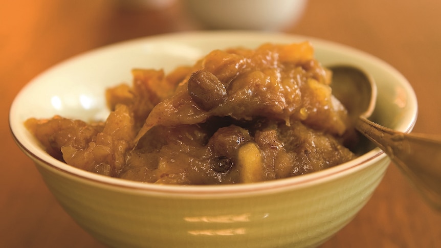 Mango chutney in a bowl.