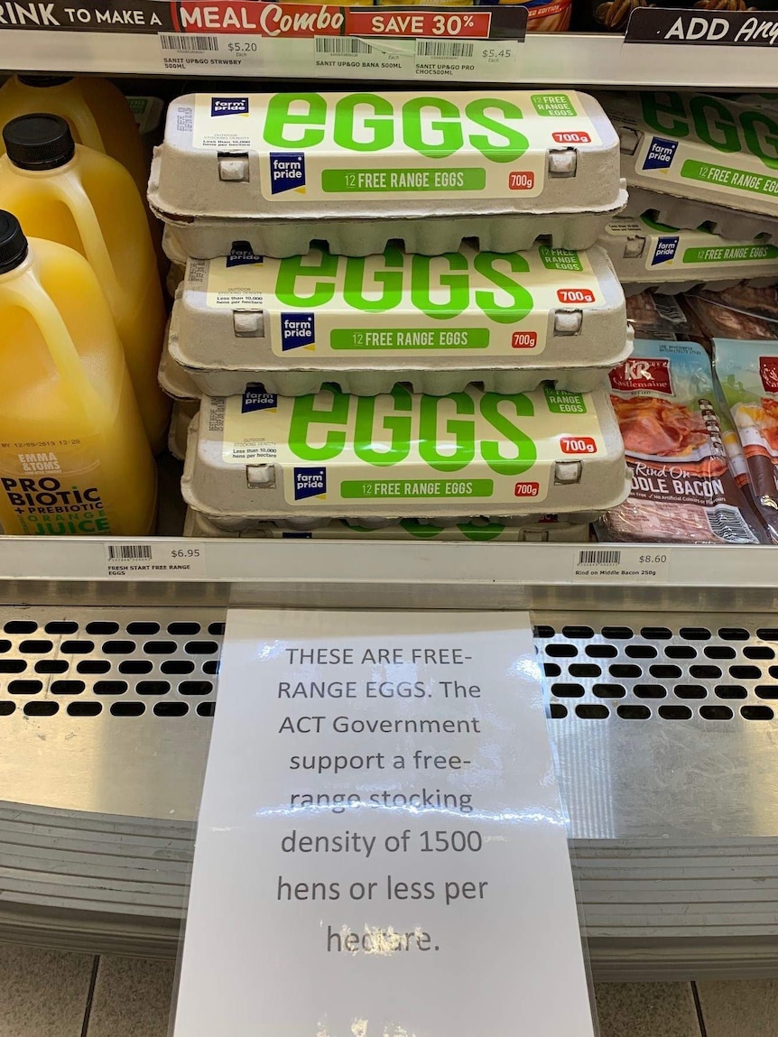 A sign in an ACT supermarket explaining free-range-egg labels.