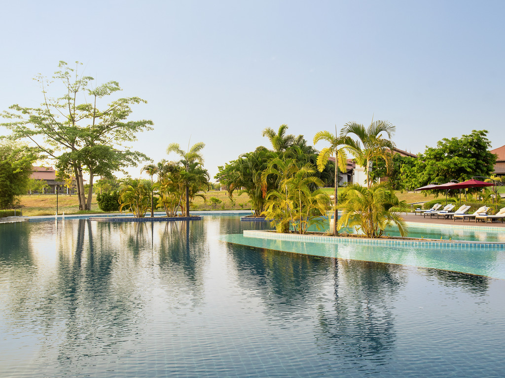 泳池景观与棕榈树。 