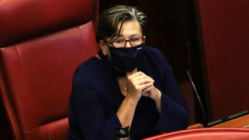 Sophia Moermond sits in parliament with her hands clasped and looking concerned