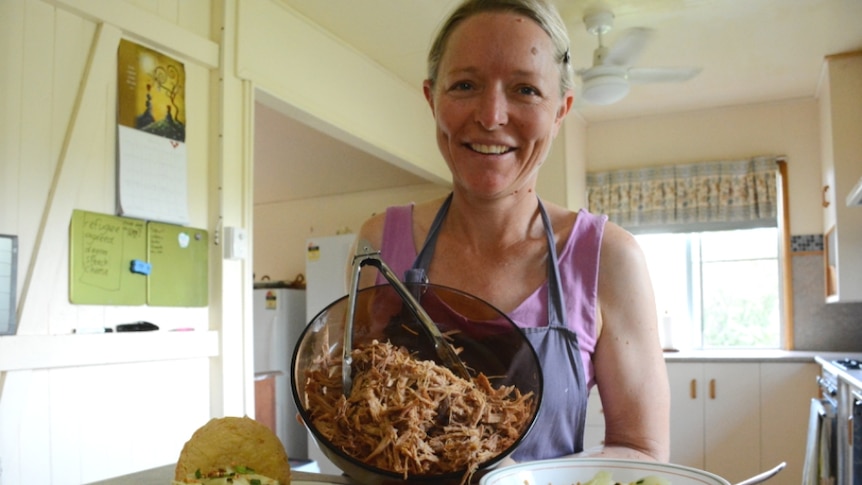 Pulled pork with pawpaw salad, served on a fresh bun. Prepared by Deb McLucas at Freckle Farm.