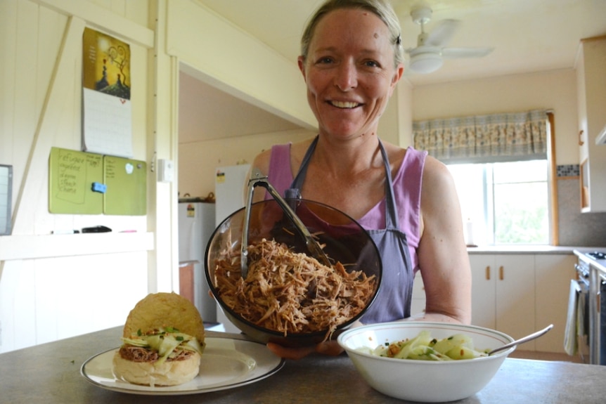 Pulled pork with pawpaw salad, served on a fresh bun. Prepared by Deb McLucas at Freckle Farm.