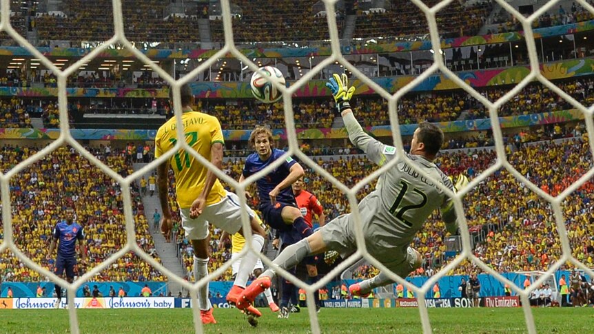 Daley Blind scores for the Netherlands against Brazil in the World Cup 3rd / 4th place playoff.