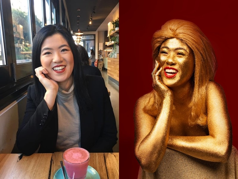 Annie Louey on the left sitting at a cafe wearing a black blazer and grey turtleneck, Annie on the right covered in gold