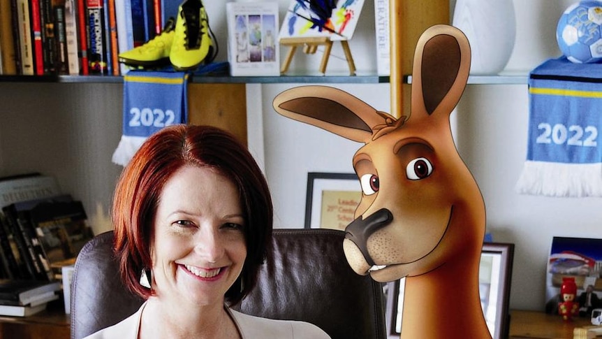 Julia Gillard with the kangaroo from the final bid video.