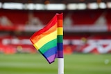 General view of a rainbow corner flag before a football game in England