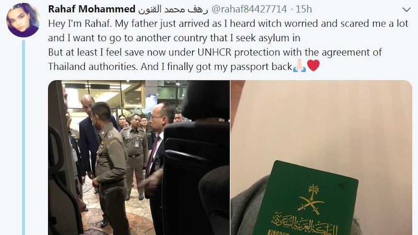 Rahaf Alqunun Mohammed tweet after being offered UNHCR protection