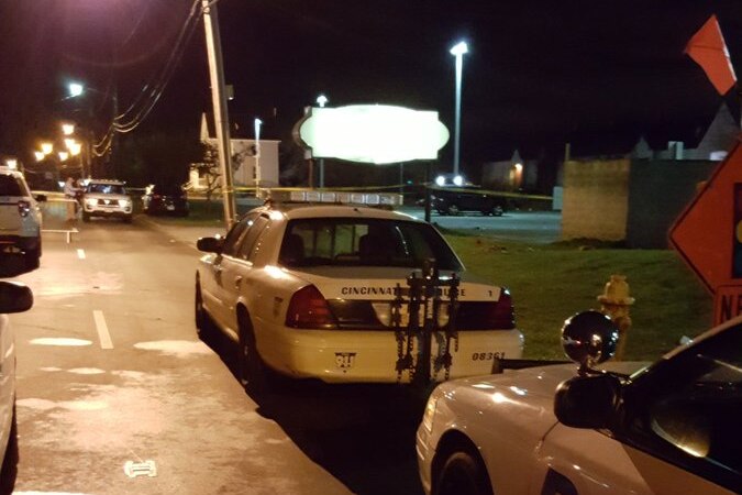 Police cars on the street at the scene of a shooting at the Cameo Night Club in Cincinnati, Ohio.