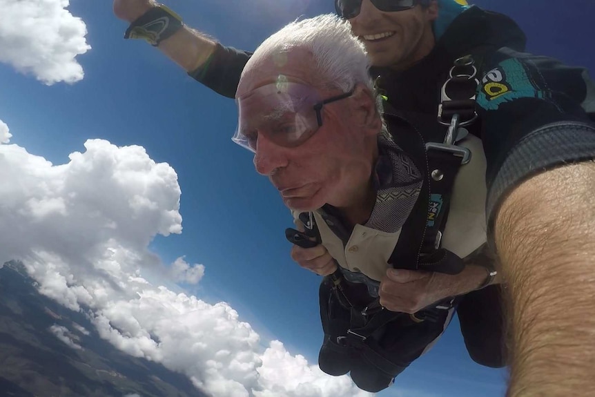 Sam Westwood free-falling during a tandem skydive at Trunkey Creek
