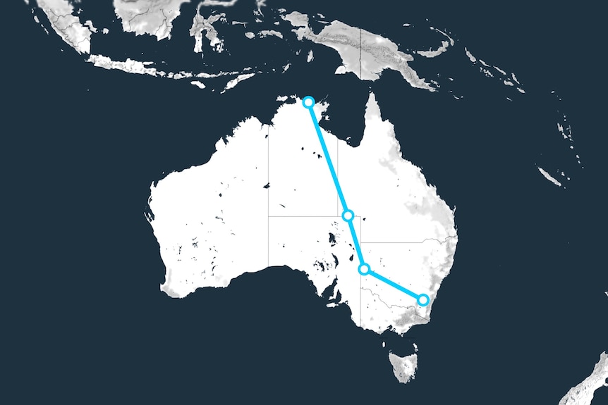 A map of Australia with a line starting from Maningrida, passing through Birdsville and Broken Hill and finishing at Canberra.
