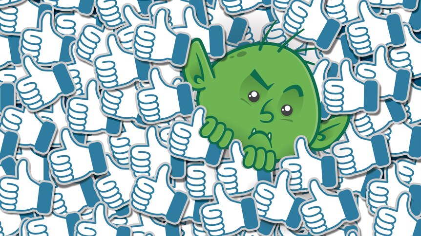 A graphic of a green troll nestled amongst a sea of social media "likes".