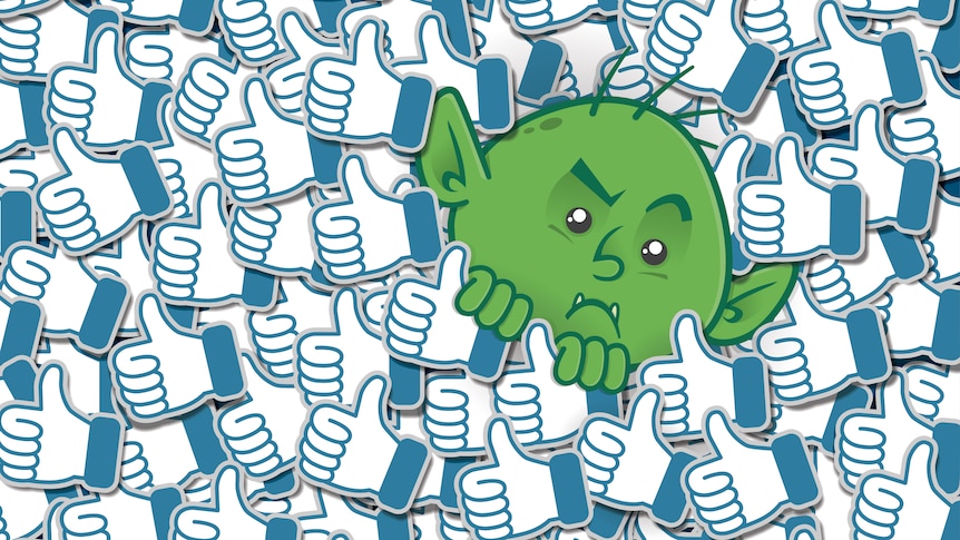 A graphic of a green troll nestled amongst a sea of social media "likes".