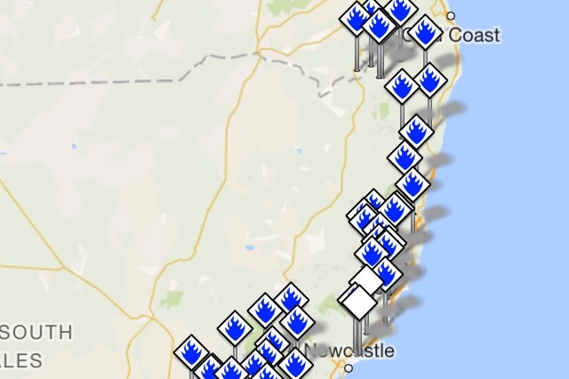 Map from the RFS website showing bushfire sites along NSW North Coast