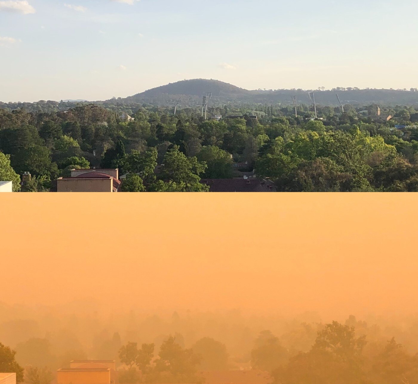 Two photos of the same leafy suburban landscape, one showing clear skies, the other a thick orange haze.