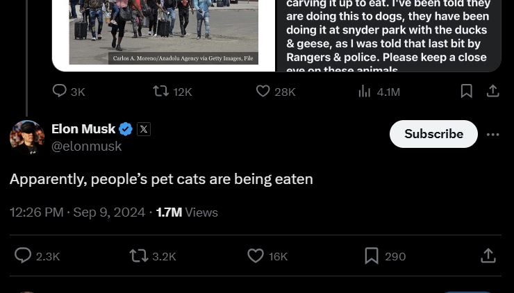 A reply to a post on X from Elon Musk's account saying "Apparently, people’s pet cats are being eaten".