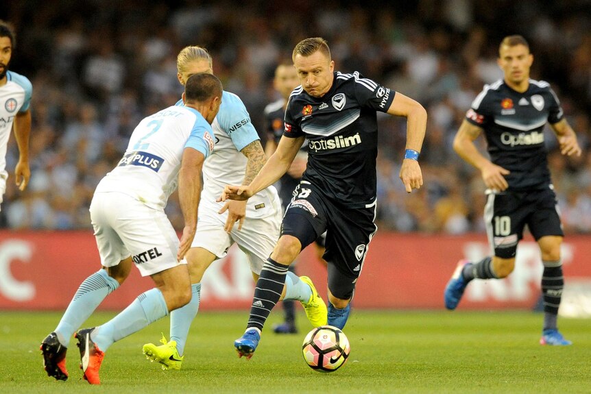 Besart Berisha of the Victory controls the ball during an A-league match Melbourne Victory and Melbourne City.