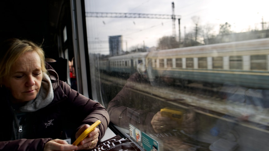Sarah Ferguson on a train entering Kyiv