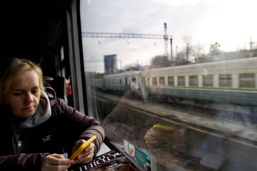 Sarah Ferguson on a train entering Kyiv