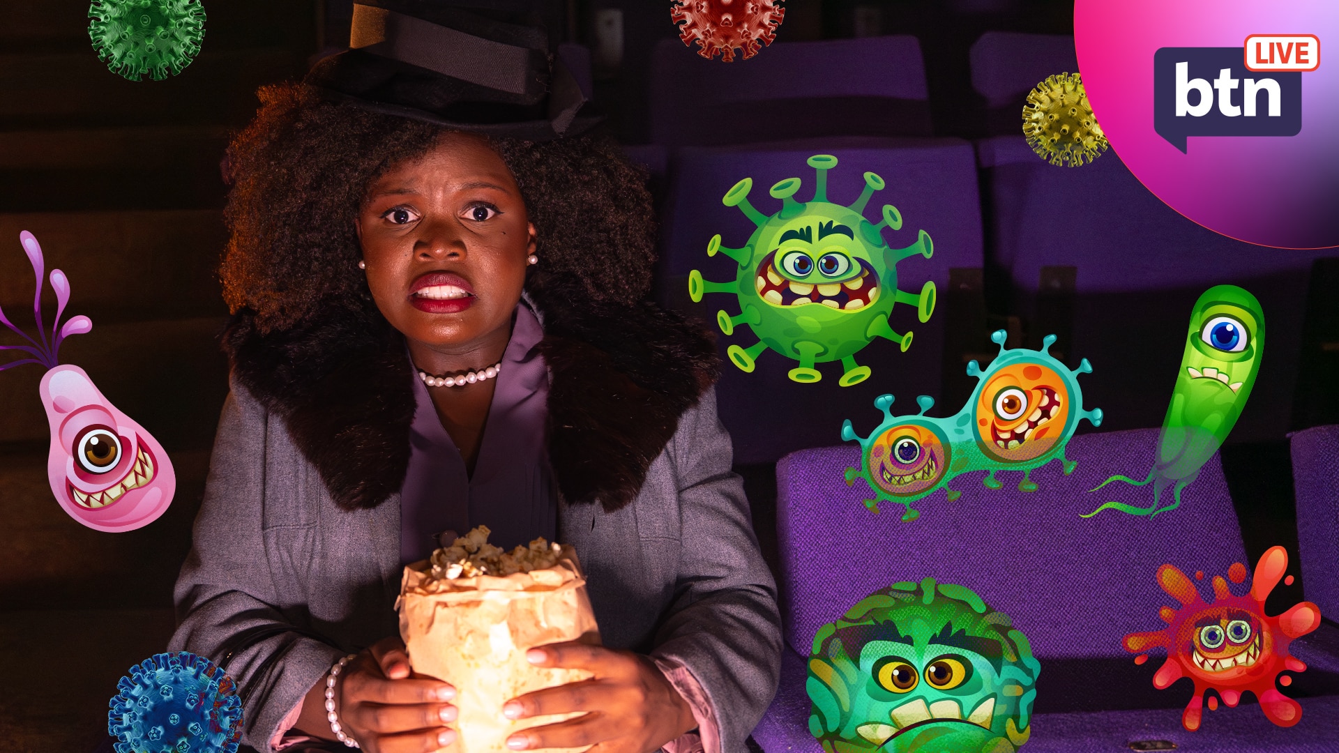 Tatenda dressed in vintage clothes sits in a theatre looking worried as cartoon viruses and bacteria float about around her.