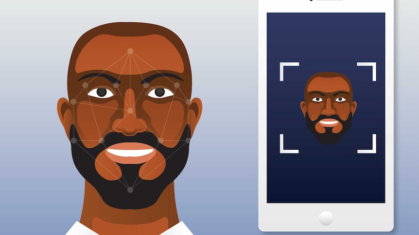 graphic of a dark-skinned man standing next to a giant phone which recognises his face