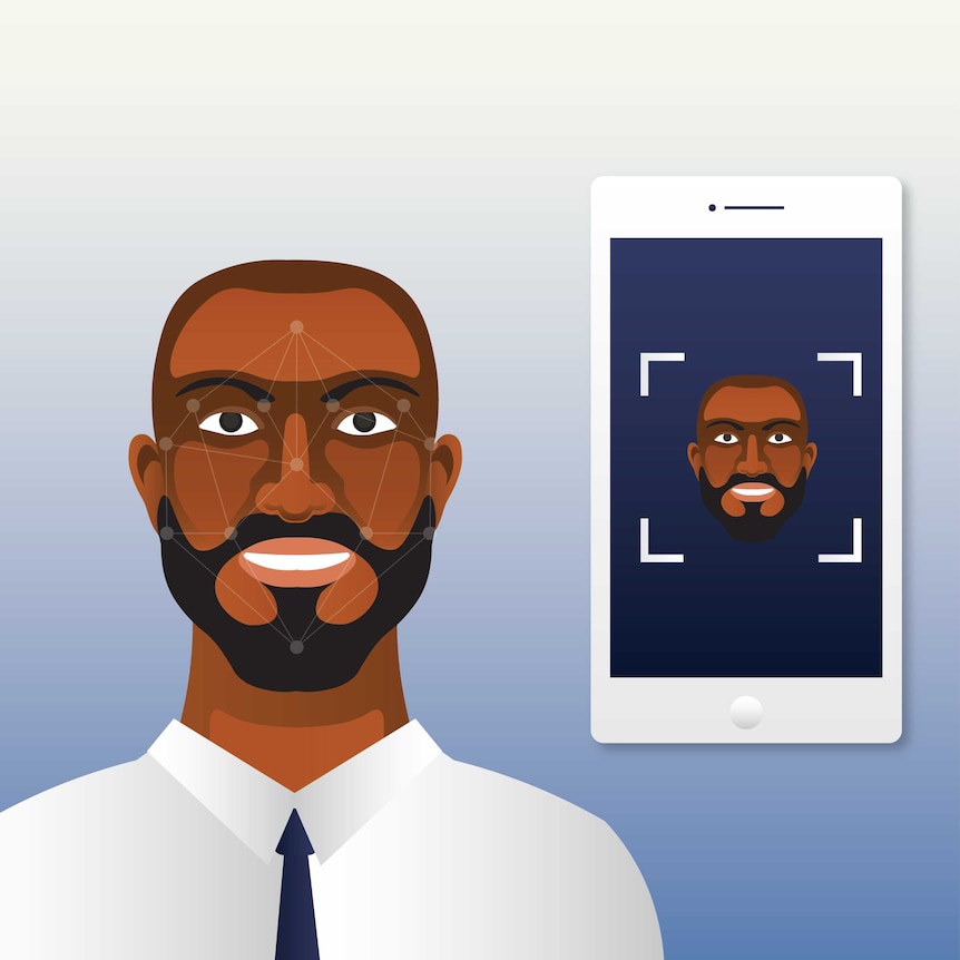 graphic of a dark-skinned man standing next to a giant phone which recognises his face