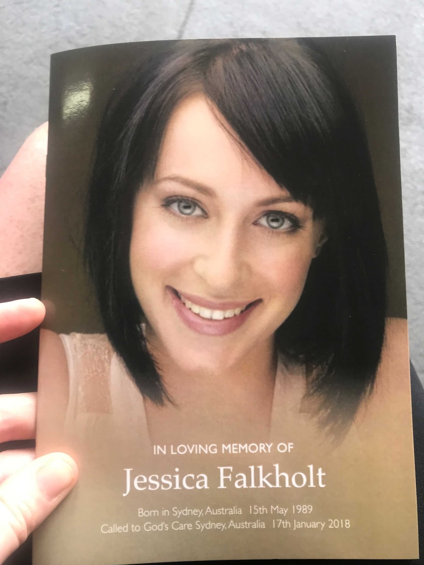 A funeral booklet shows a photograph of a young woman, with the inscription: "In loving memory of Jessica Falkholt"