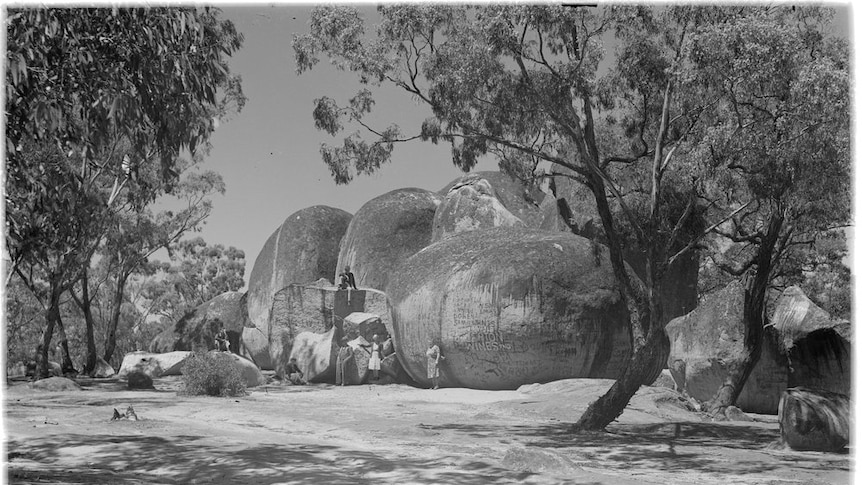 black and white photo of large rocks