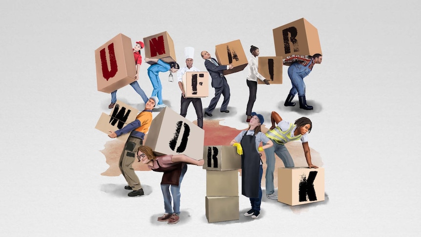 De afbeelding toont verschillende arbeiders die zich inspannen terwijl ze spellingsvakken vasthouden "oneerlijk werk".