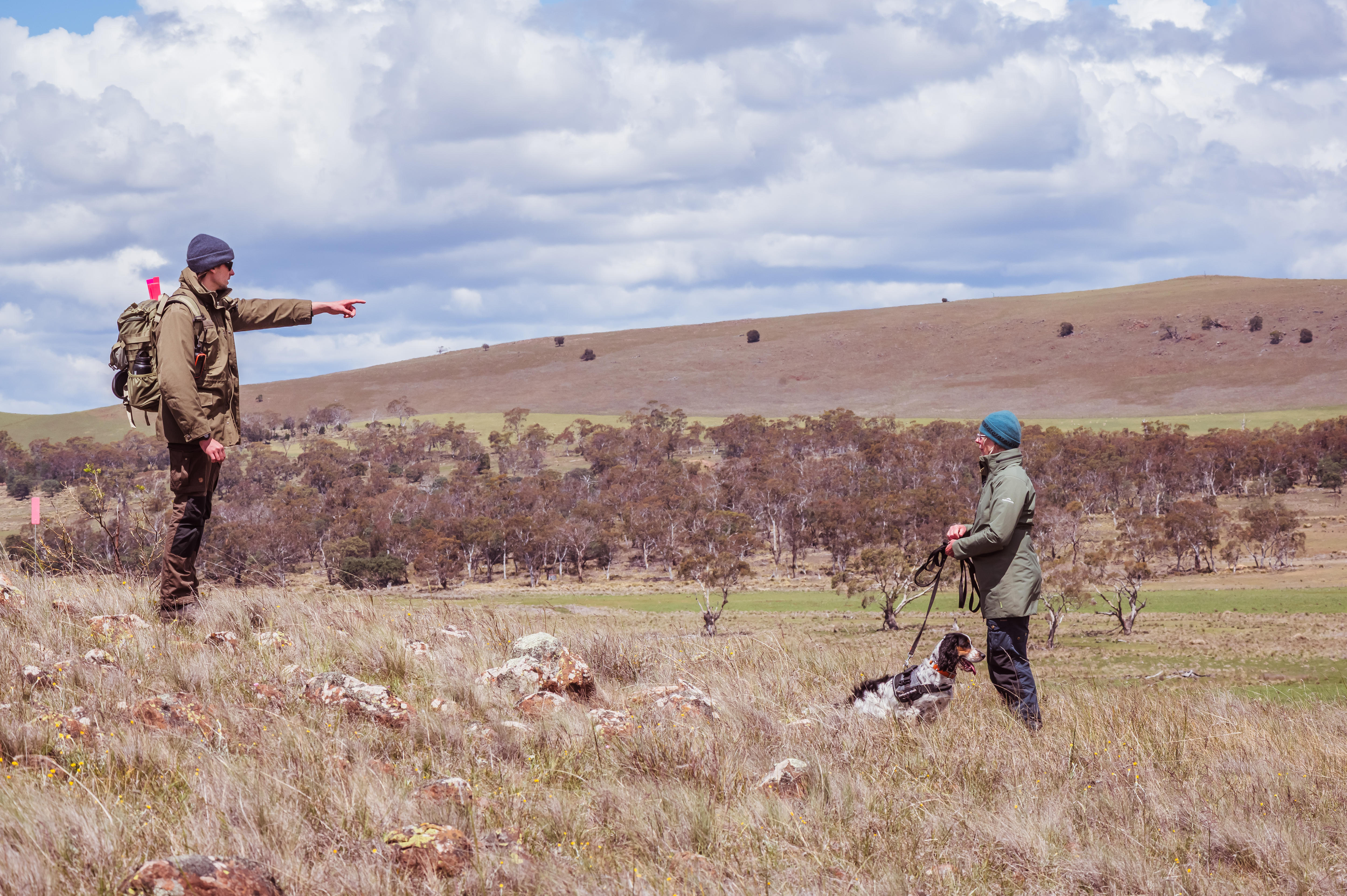 A man stands in a paddock pointing into the distance while facing a woman holding Miki on a lead.
