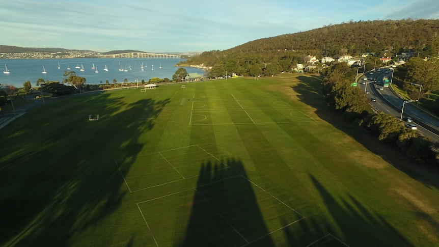 Drone shot of Cornelian Bay soccer fields