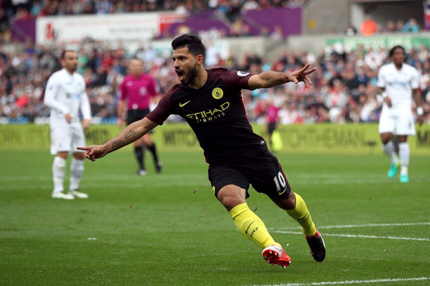 Sergio Aguero celebrates his goal