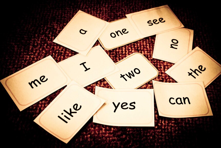 A cluster of flash cards with English words including: one, see, no, the, I, me, like, yes and can.